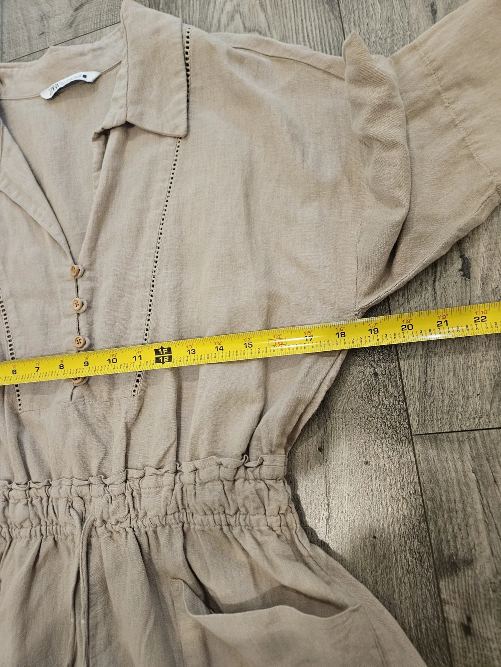 Zara Beige Linen Blend Safari Boho Short Sleeve Drawstring Romper Sz. M